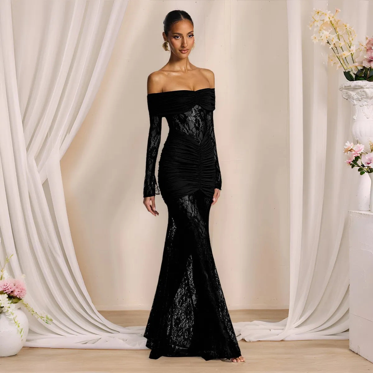 Off The Shoulder Ruched Lace Maxi Dress - Long Sleeve Evening Gown | Bridget