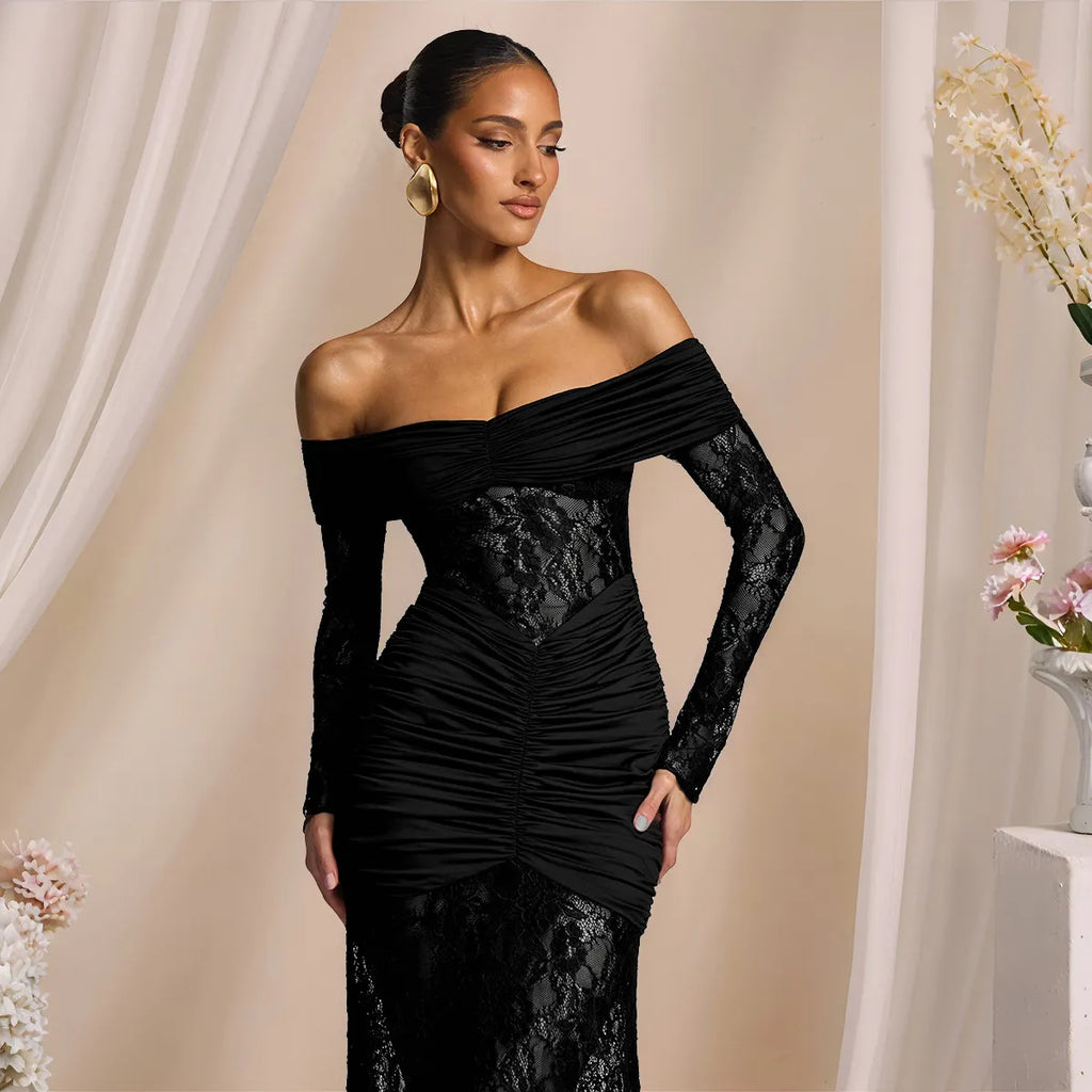 Off The Shoulder Ruched Lace Maxi Dress - Long Sleeve Evening Gown | Bridget