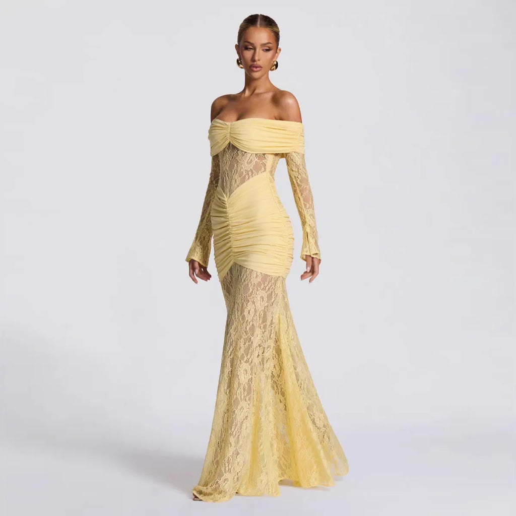 Off The Shoulder Ruched Lace Maxi Dress - Long Sleeve Evening Gown | Bridget