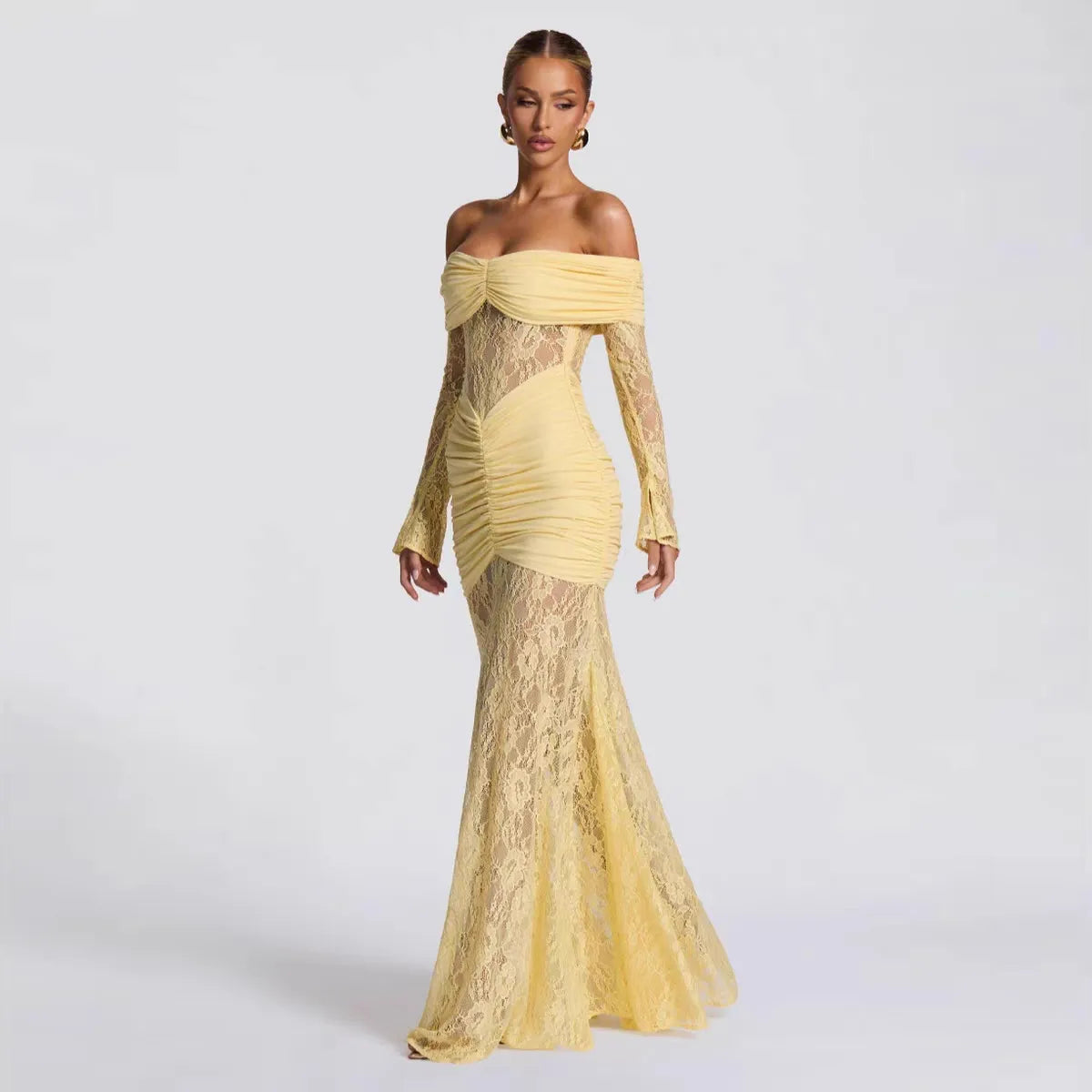 Off The Shoulder Ruched Lace Maxi Dress - Long Sleeve Evening Gown | Bridget