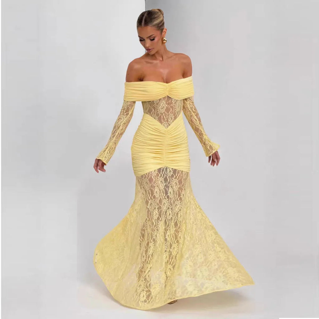 Off The Shoulder Ruched Lace Maxi Dress - Long Sleeve Evening Gown | Bridget