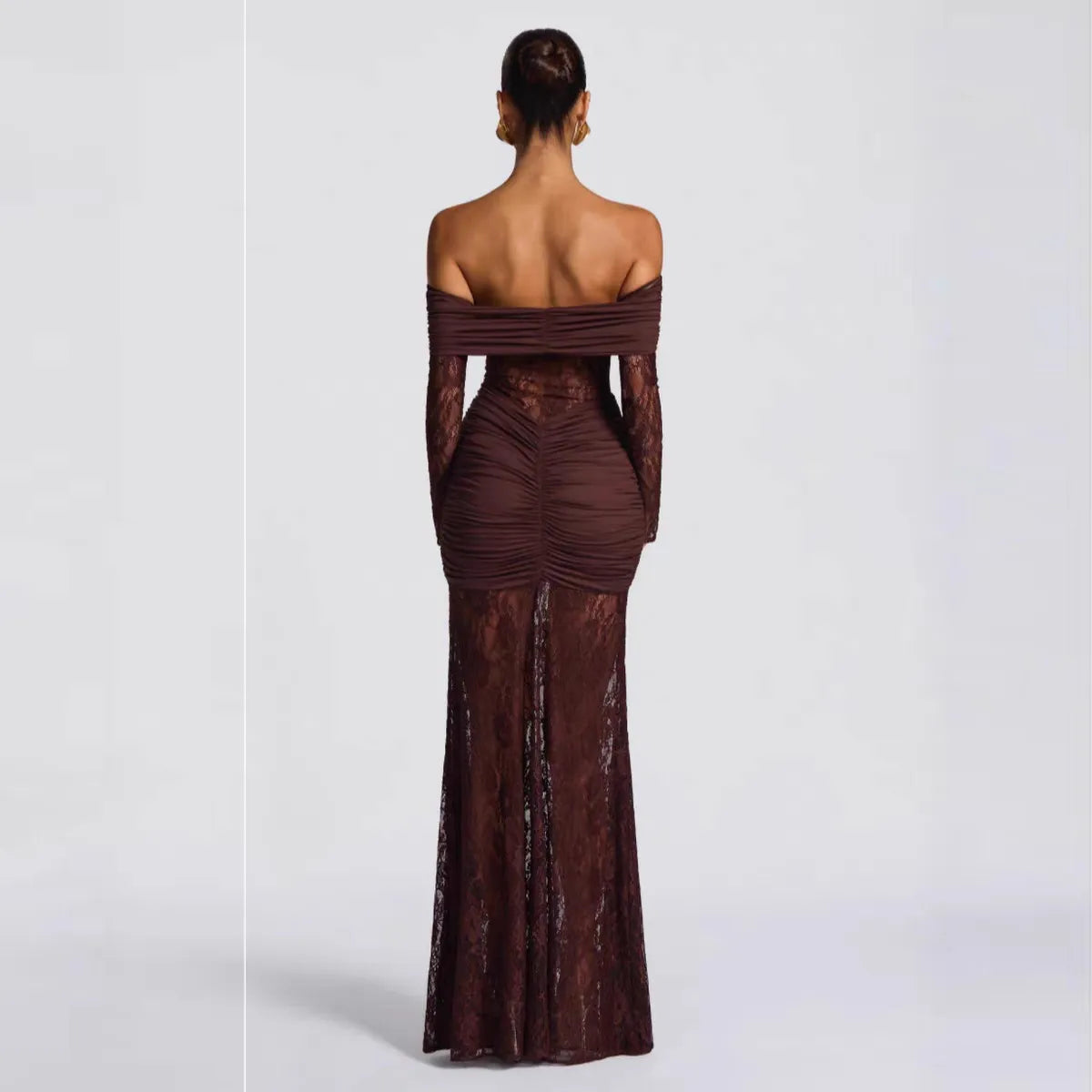 Off The Shoulder Ruched Lace Maxi Dress - Long Sleeve Evening Gown | Bridget