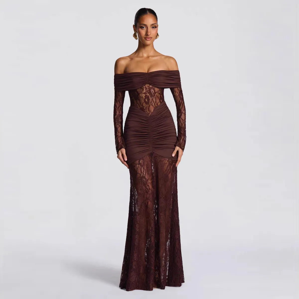 Off The Shoulder Ruched Lace Maxi Dress - Long Sleeve Evening Gown | Bridget