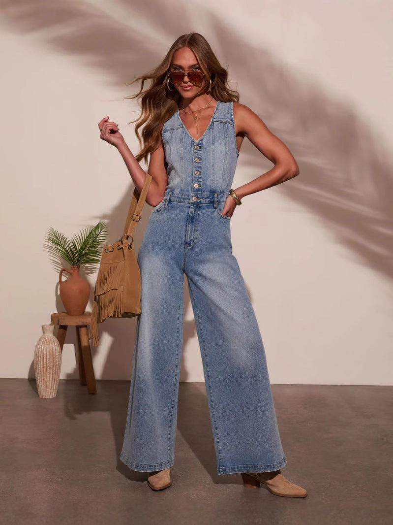 Sleeveless Denim Jumpsuit - Washed Blue | Stellia