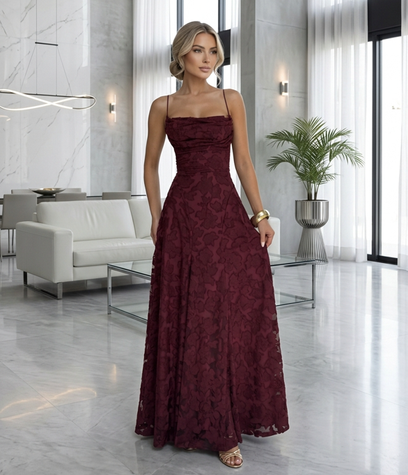 Textured Wedding Guest Gown - Cowl Neck Lace-Up Maxi | Capucine