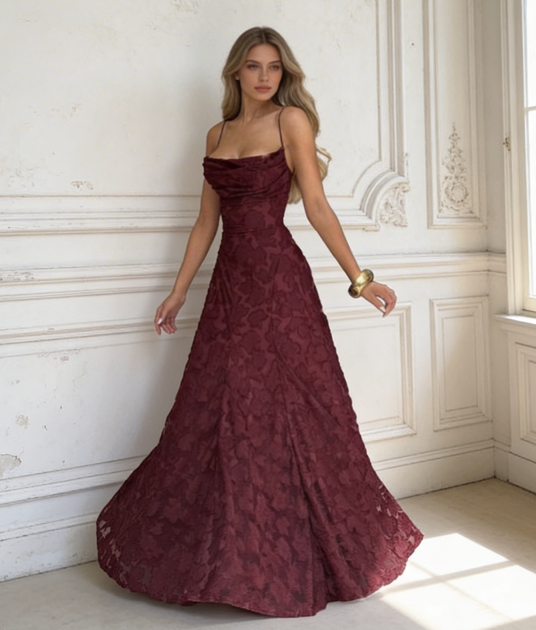 Textured Wedding Guest Gown - Cowl Neck Lace-Up Maxi | Capucine