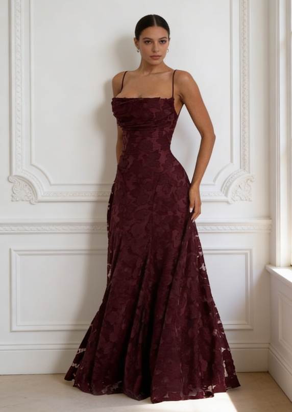Textured Wedding Guest Gown - Cowl Neck Lace-Up Maxi | Capucine