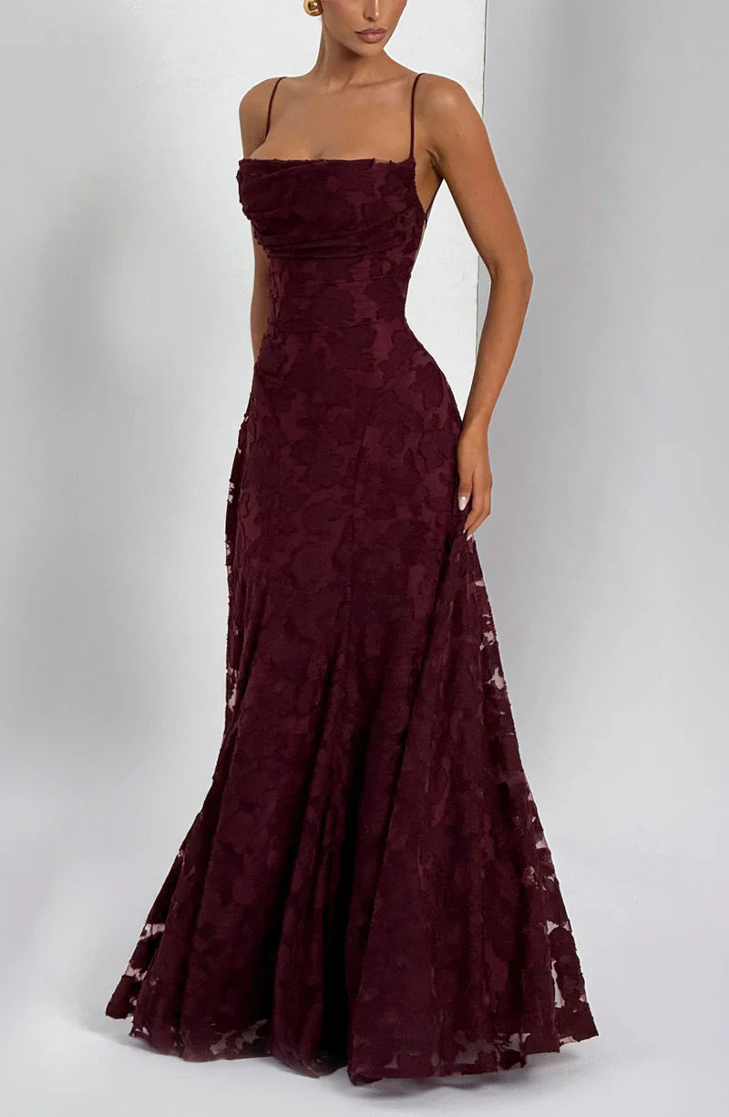 Textured Wedding Guest Gown - Cowl Neck Lace-Up Maxi | Capucine