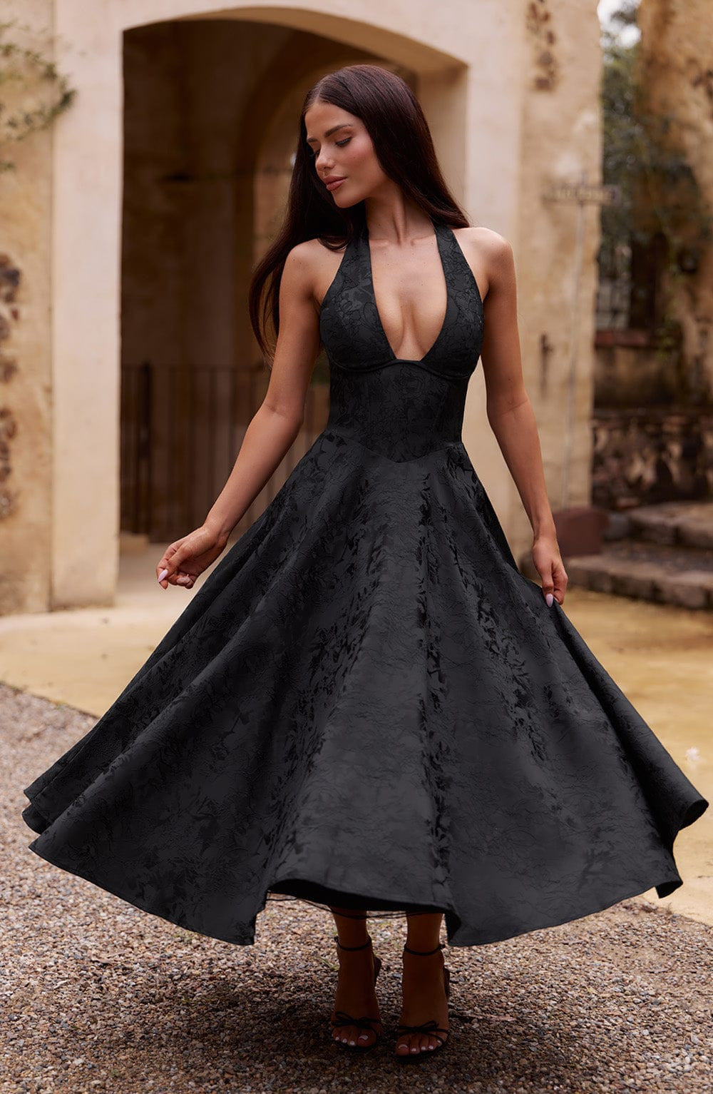 Textured Jacquard Halter Midi Dress - Corset A-Line | Camélia