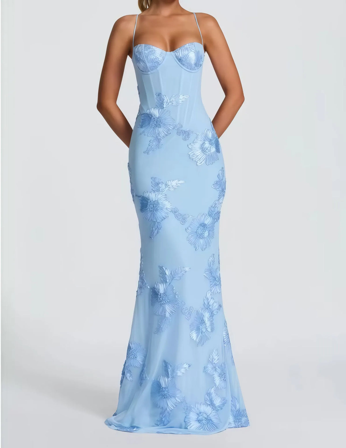 Floral Embroidered Corset Maxi Dress - Lace Up Evening Gown | Clara