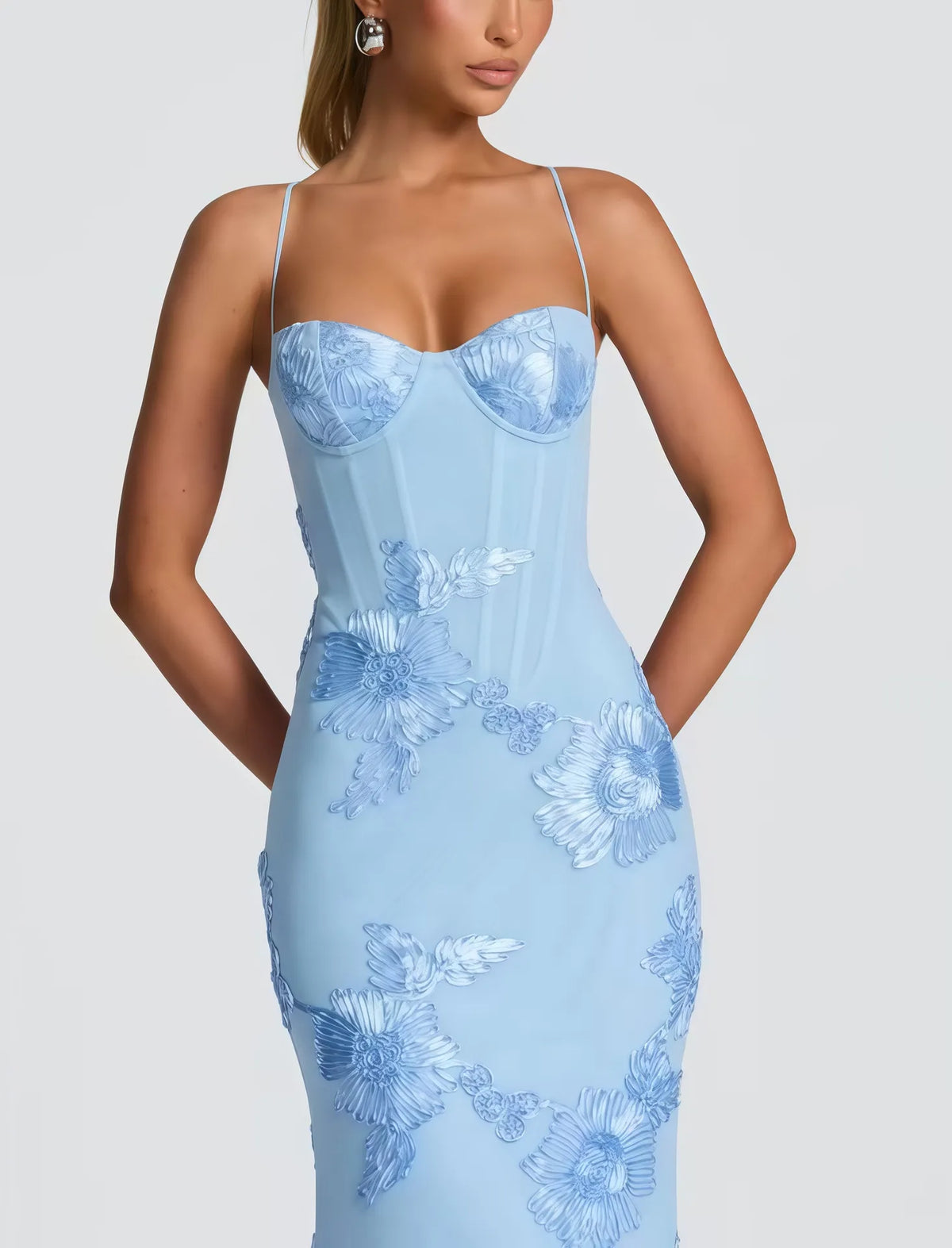Floral Embroidered Corset Maxi Dress - Lace Up Evening Gown | Clara