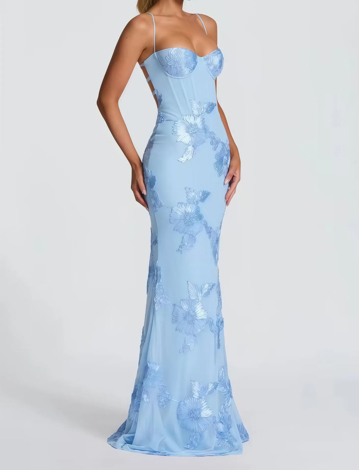 Floral Embroidered Corset Maxi Dress - Lace Up Evening Gown | Clara