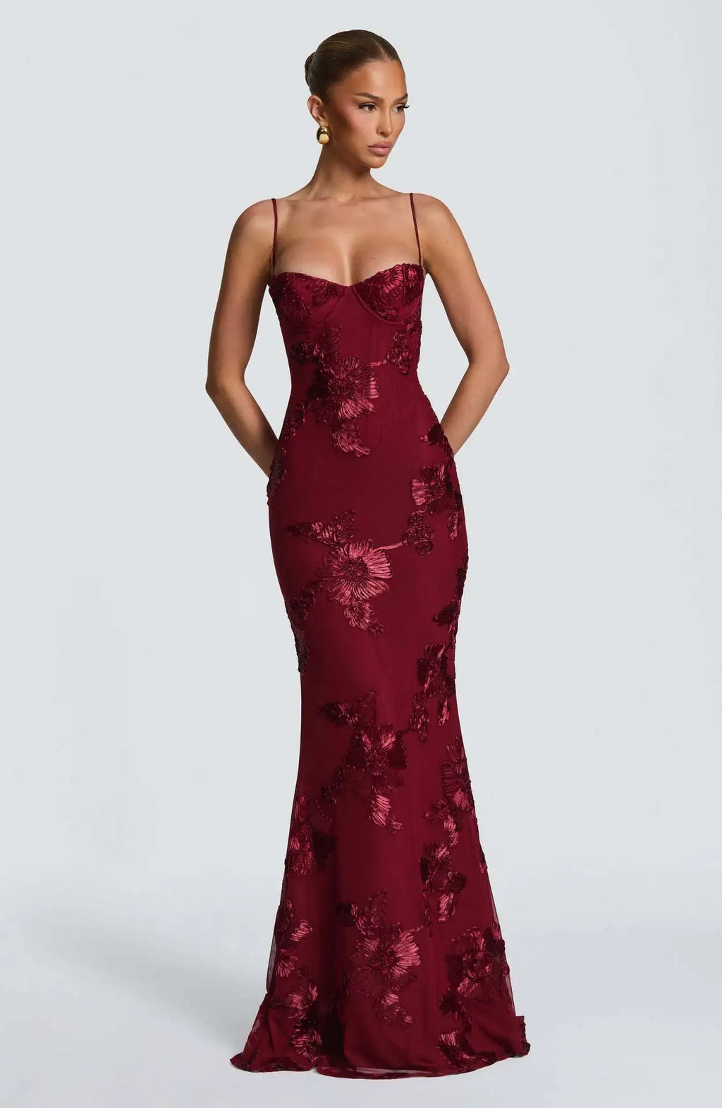 Floral Embroidered Corset Maxi Dress - Lace Up Evening Gown | Clara