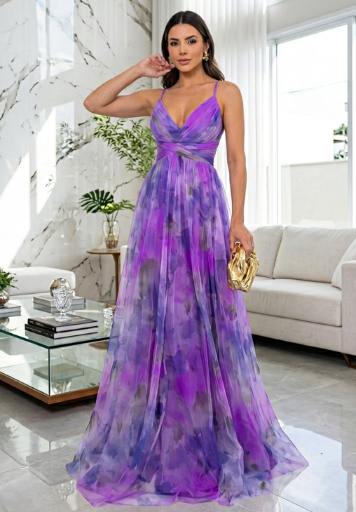 Floral Wedding Guest Dress - Tie-Back Chiffon Maxi - Sunset