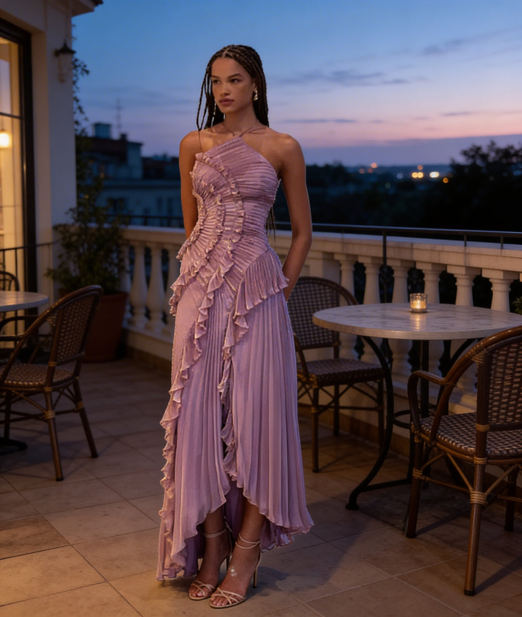Wedding Guest Maxi Dress - Pleated Ruffle Halter - Lilac