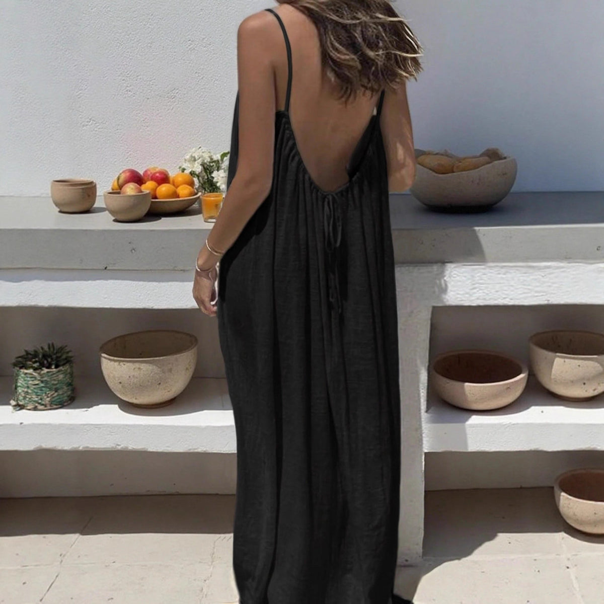Relaxed Boho Backless Maxi Dress - Flowy Summer Slip Dress - Ambre