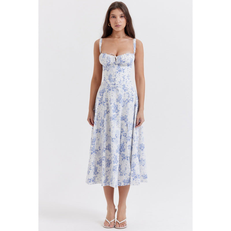 Floral Sweetheart Midi Dress - Tie Front Slit A-Line | Amélie