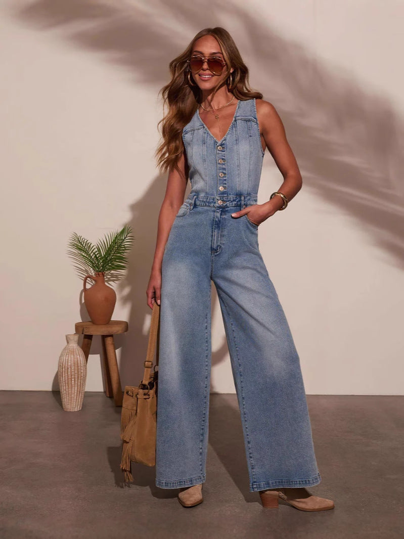 Sleeveless Denim Jumpsuit - Washed Blue | Stellia