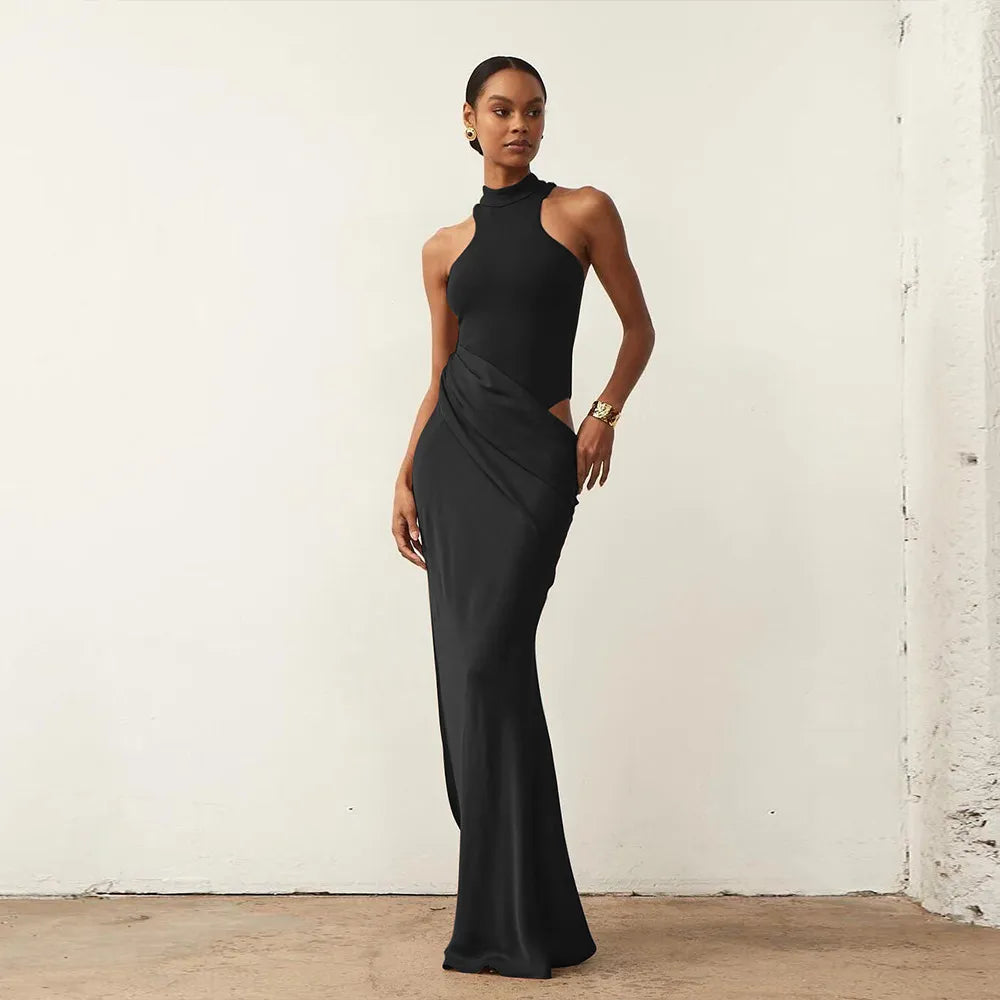 High Neck Cut Out Draped Maxi Dress - Sleeveless Evening | Gaelle