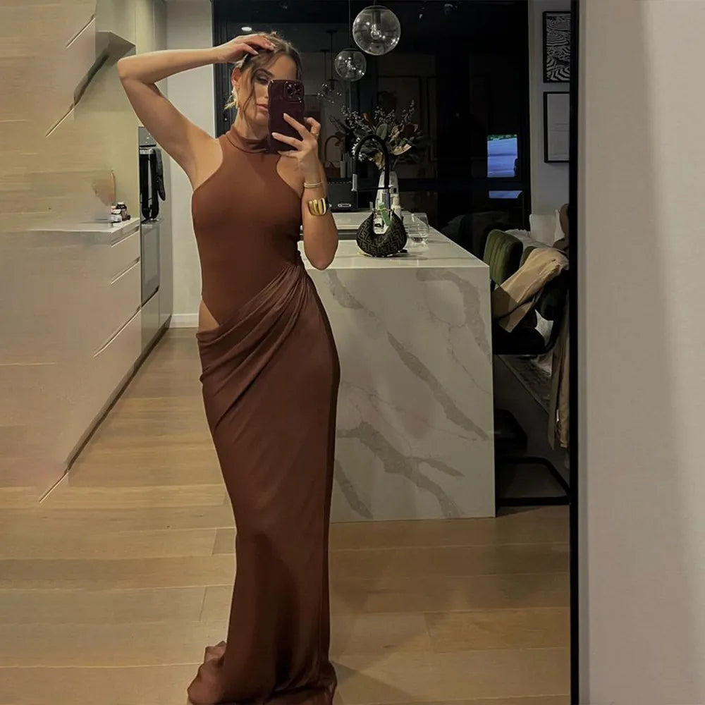 High Neck Cut Out Draped Maxi Dress - Sleeveless Evening | Gaelle