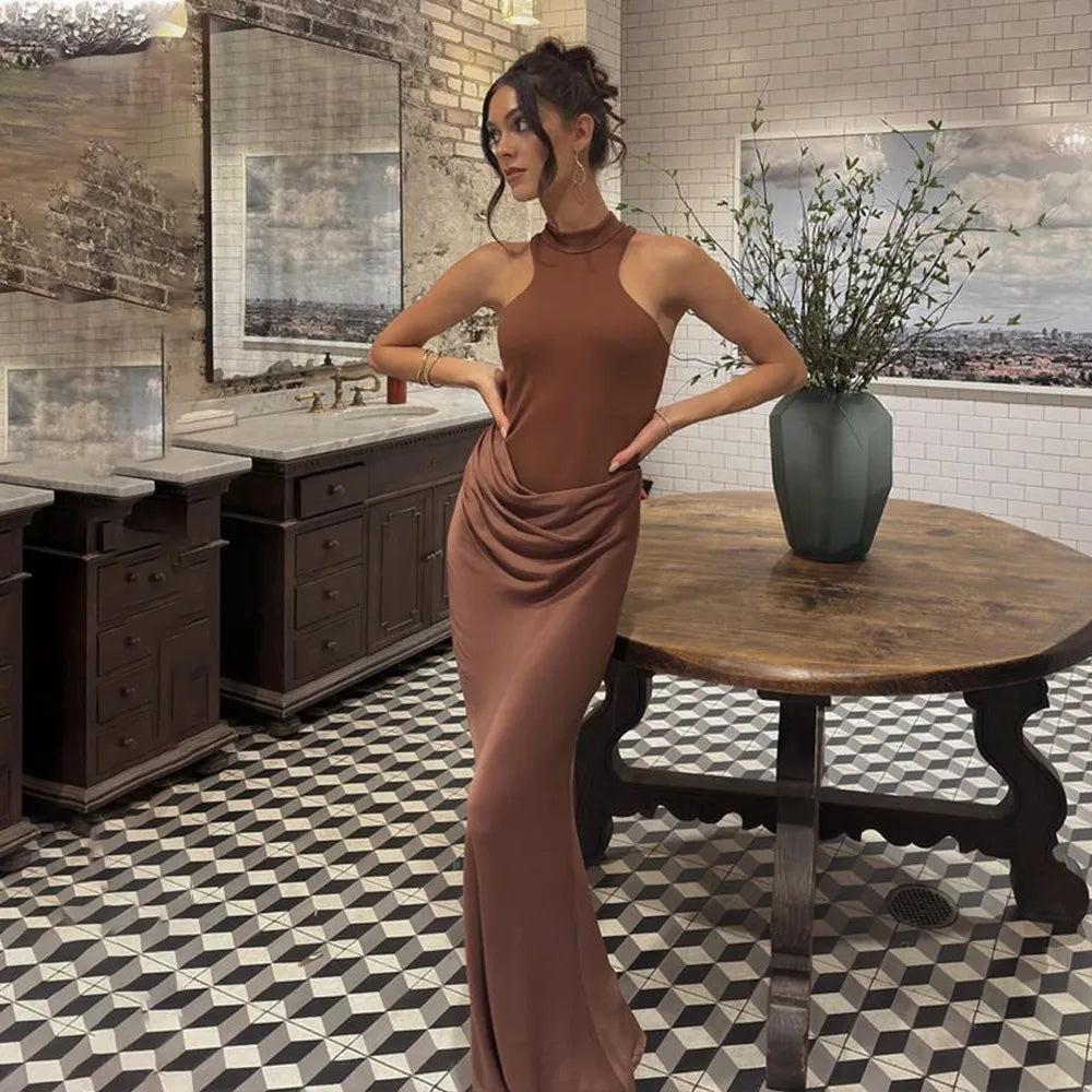 High Neck Cut Out Draped Maxi Dress - Sleeveless Evening | Gaelle