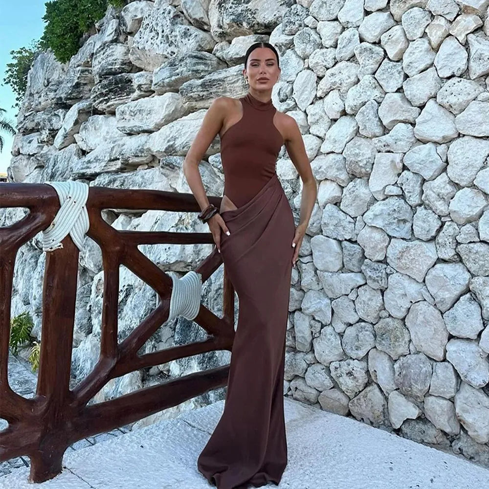 High Neck Cut Out Draped Maxi Dress - Sleeveless Evening | Gaelle