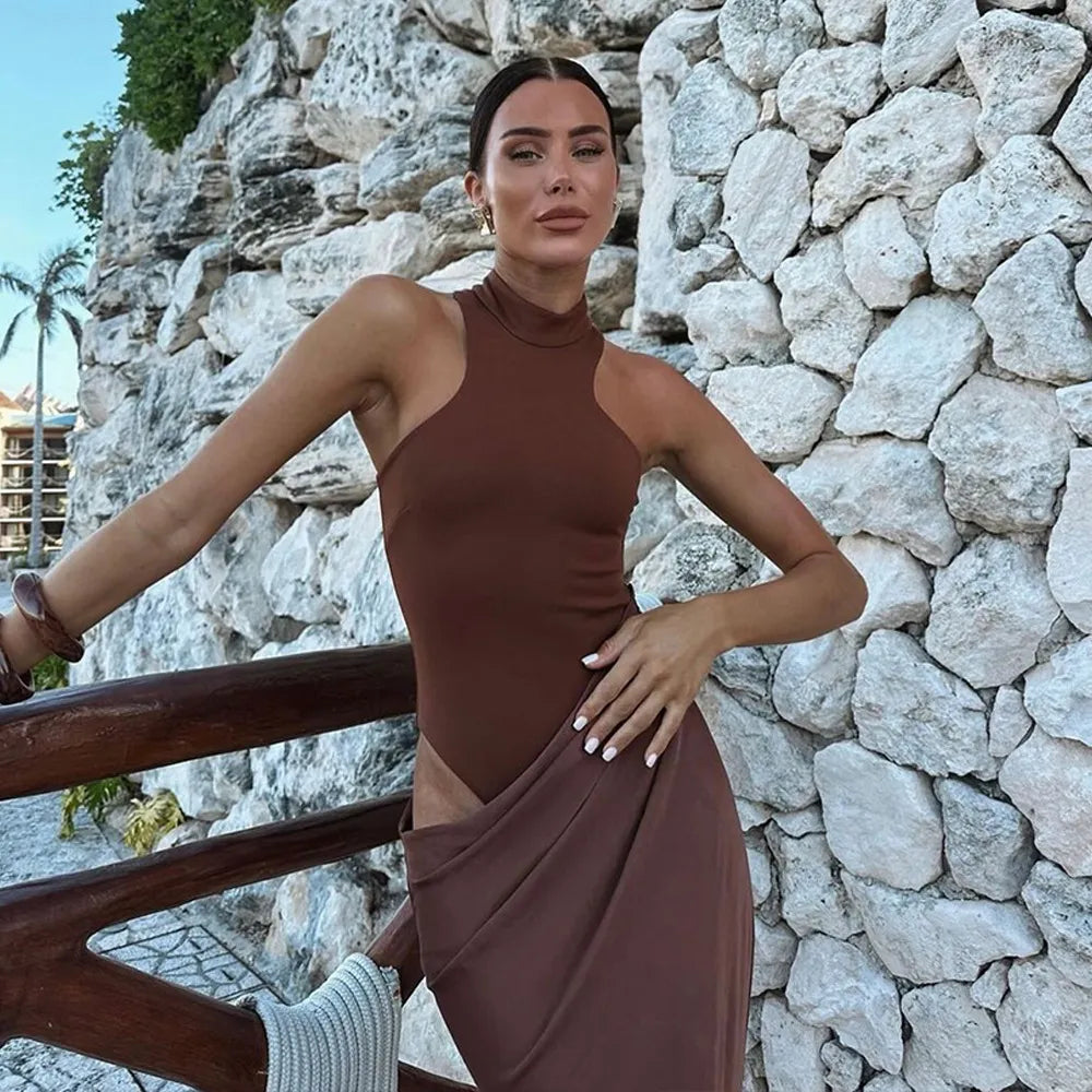 High Neck Cut Out Draped Maxi Dress - Sleeveless Evening | Gaelle