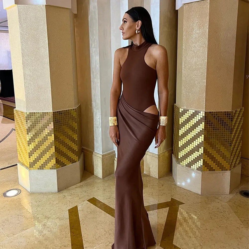 High Neck Cut Out Draped Maxi Dress - Sleeveless Evening | Gaelle