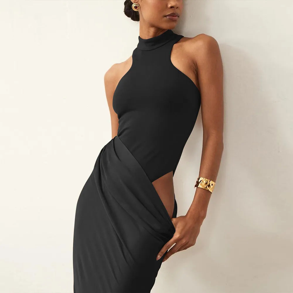 High Neck Cut Out Draped Maxi Dress - Sleeveless Evening | Gaelle