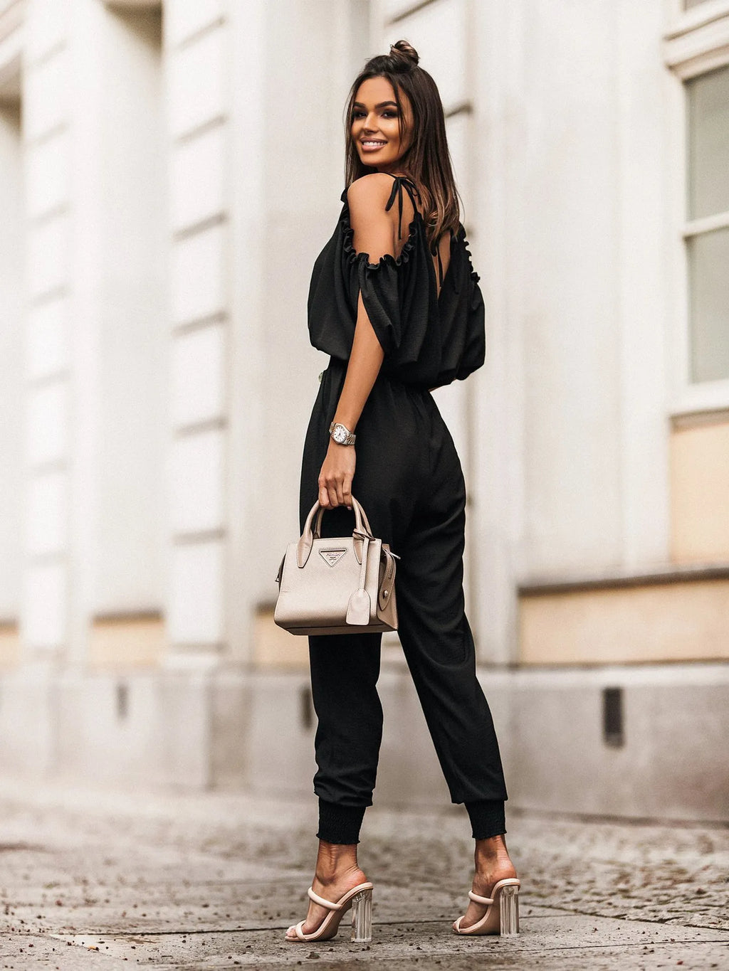 Summer Jumpsuit - Draped Cold-Shoulder V-Neck | The Olivia