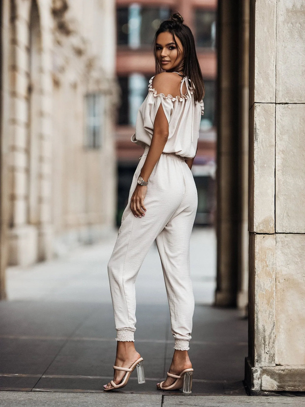 Summer Jumpsuit - Draped Cold-Shoulder V-Neck | The Olivia