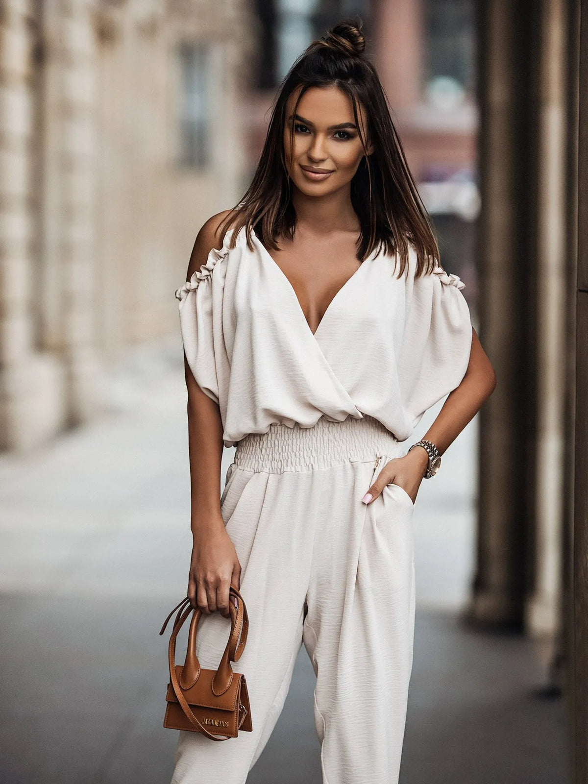 Summer Jumpsuit - Draped Cold-Shoulder V-Neck | The Olivia