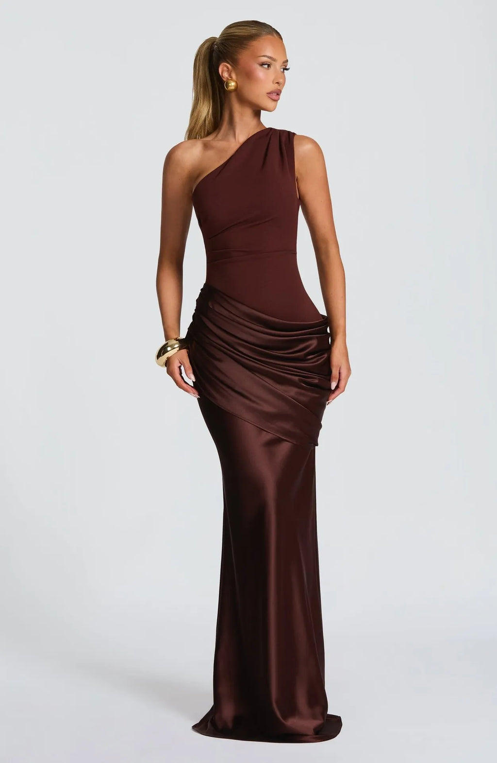 One Shoulder Draped Satin Maxi Dress - Evening Gown | Jenny