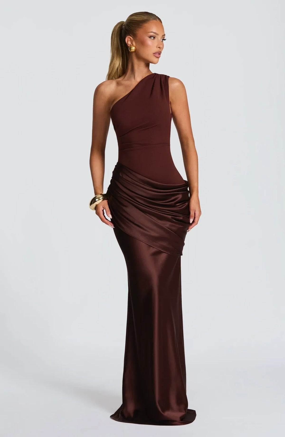 One Shoulder Draped Satin Maxi Dress - Evening Gown | Jenny