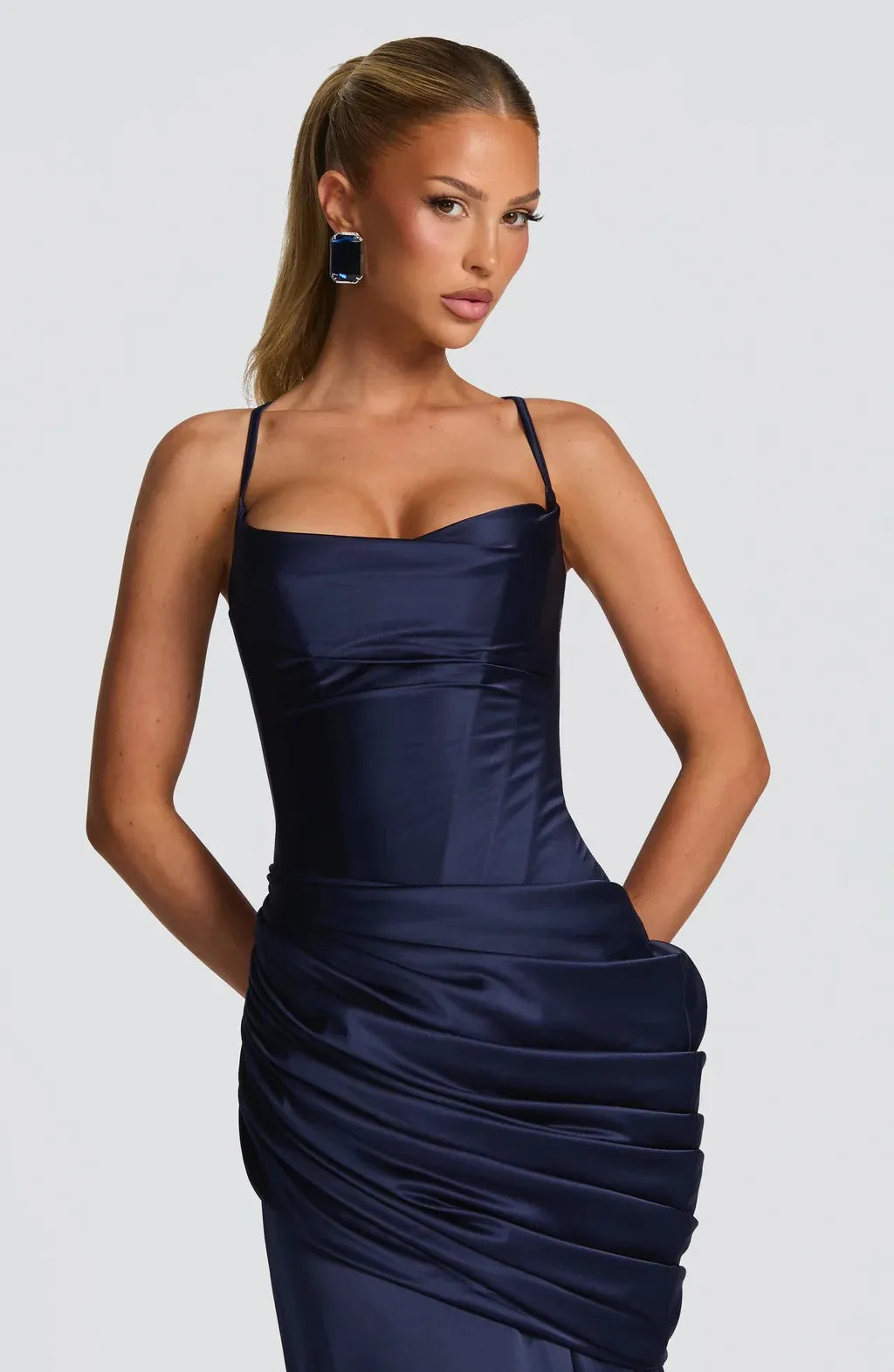 Draped Satin Corset Maxi Dress - Lace Up Evening Gown | Jess