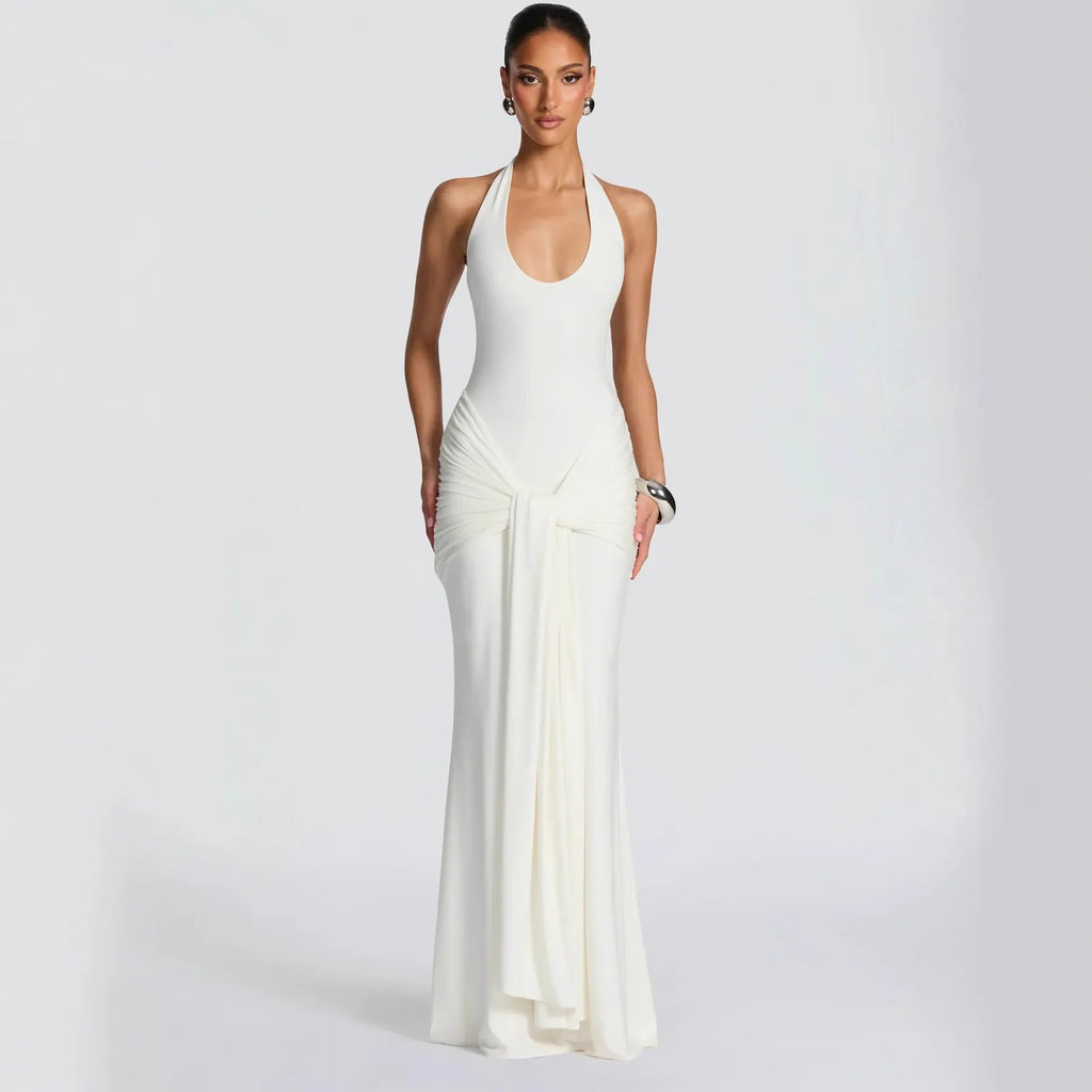 Halter Neck Backless Draped Maxi Dress - Evening Gown | Kat