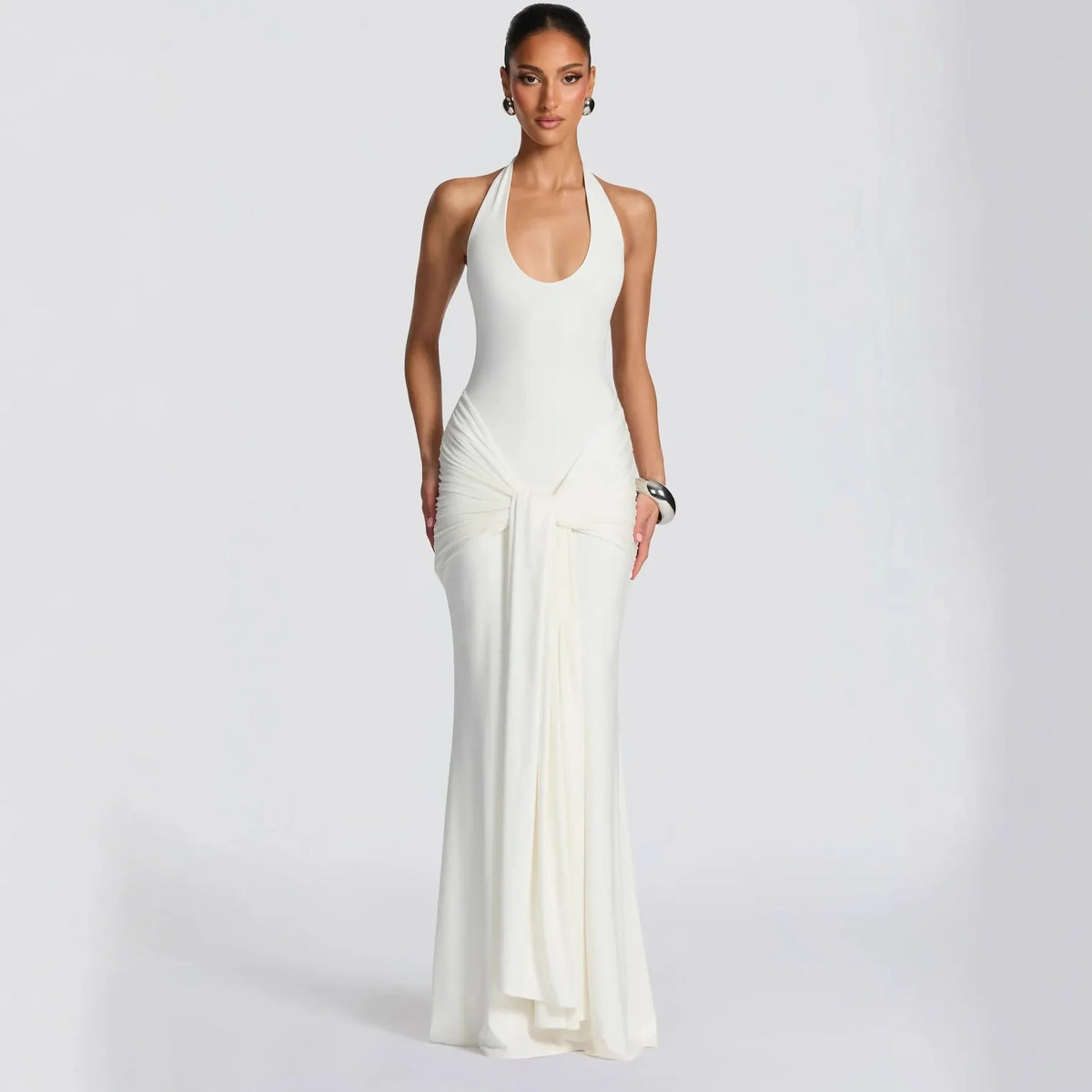 Halter Neck Backless Draped Maxi Dress - Evening Gown | Kat