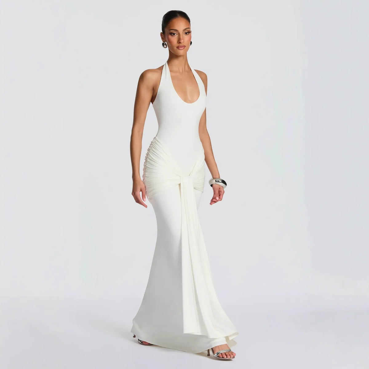 Halter Neck Backless Draped Maxi Dress - Evening Gown | Kat