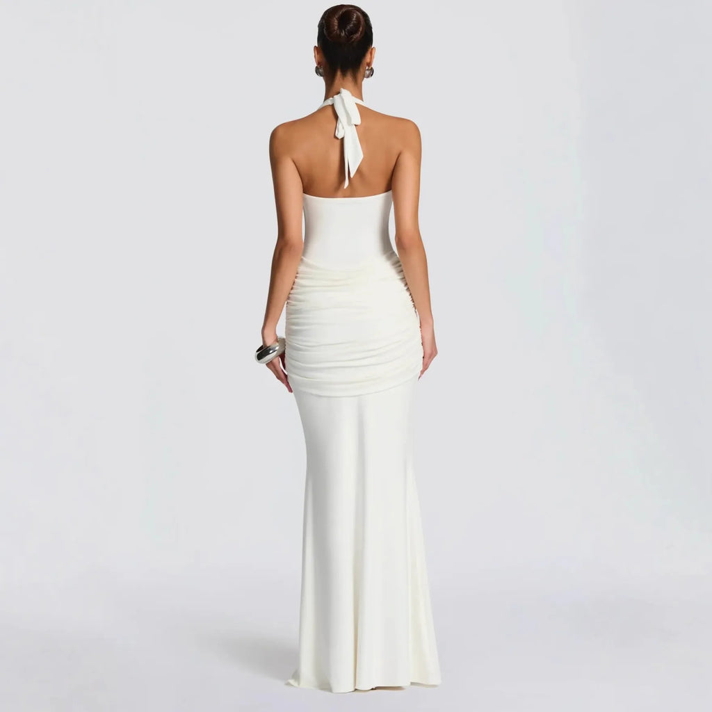 Halter Neck Backless Draped Maxi Dress - Evening Gown | Kat