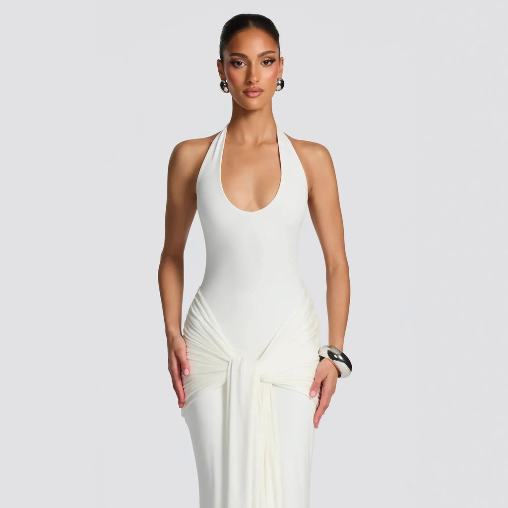 Halter Neck Backless Draped Maxi Dress - Evening Gown | Kat