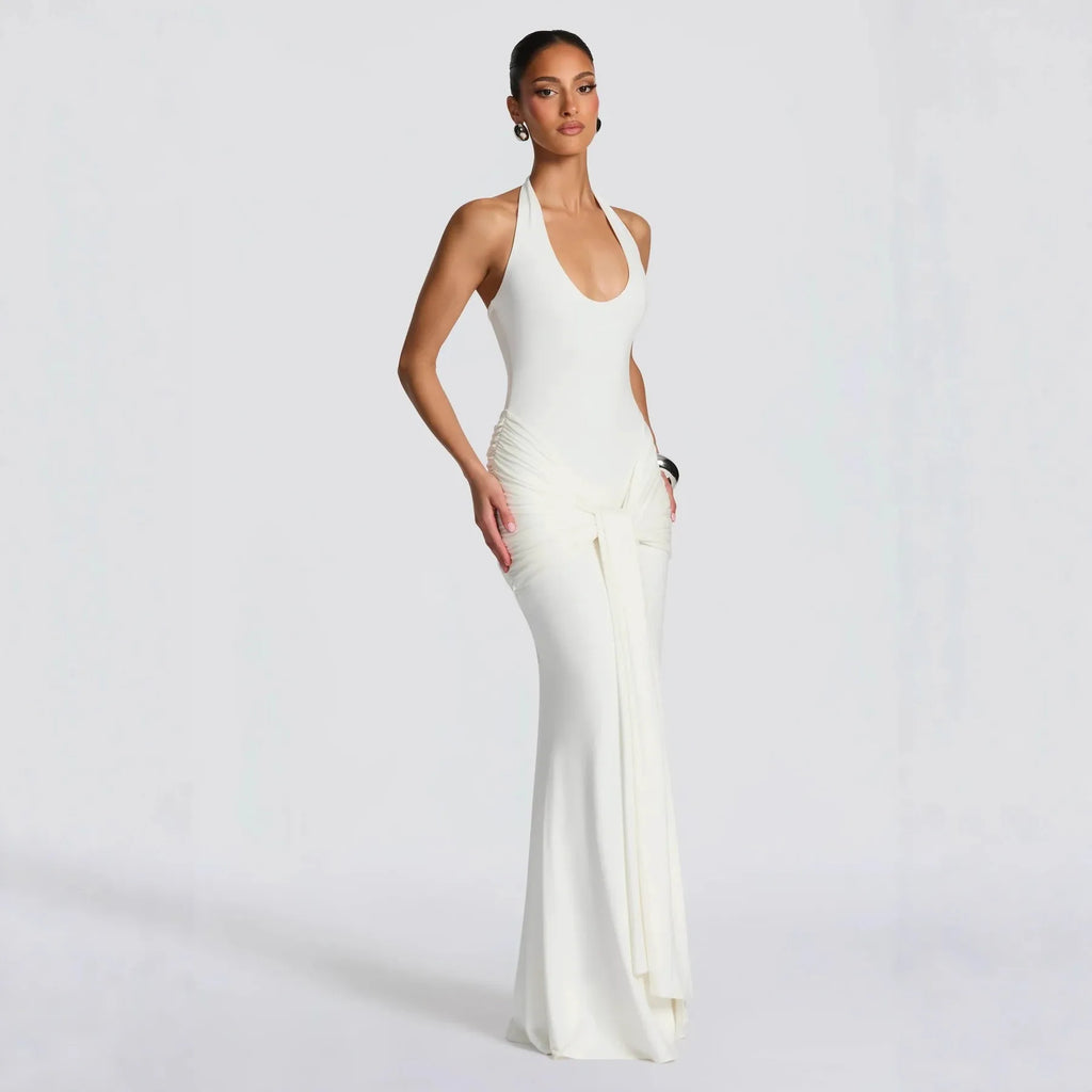 Halter Neck Backless Draped Maxi Dress - Evening Gown | Kat