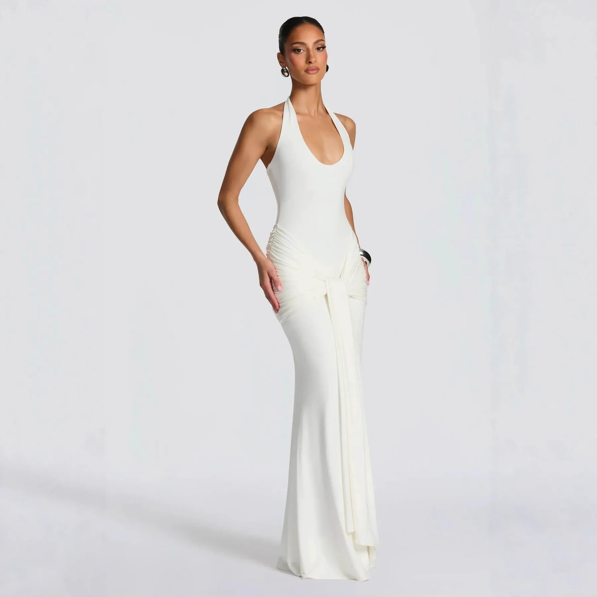 Halter Neck Backless Draped Maxi Dress - Evening Gown | Kat