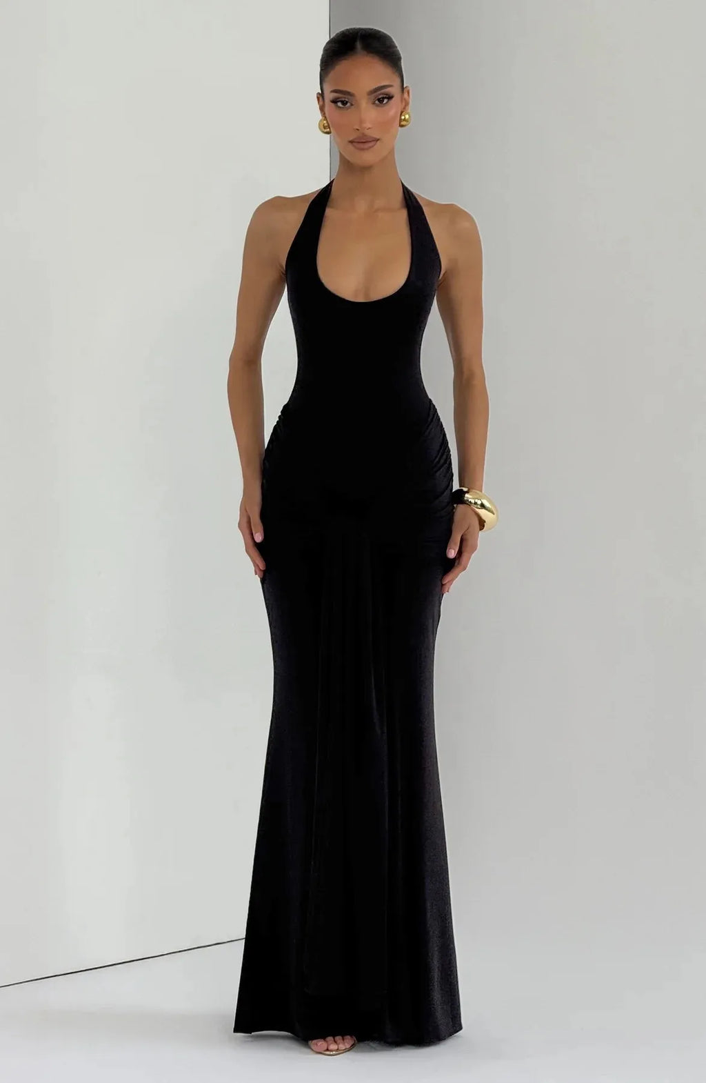 Halter Neck Backless Draped Maxi Dress - Evening Gown | Kat