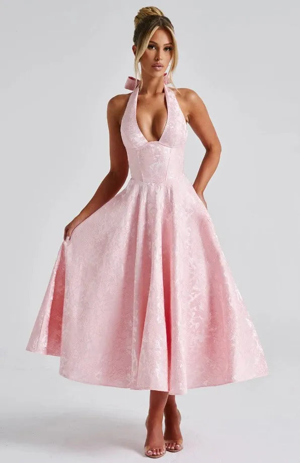 Textured Jacquard Halter Midi Dress - Corset A-Line | Camélia