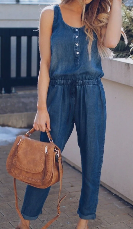 Sleeveless Denim Jumpsuit - Washed Blue [ The Lily