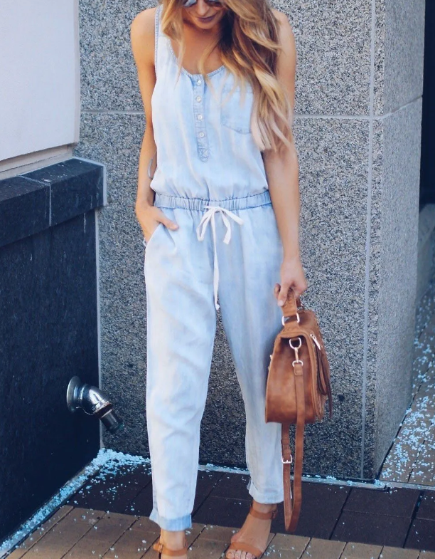 Sleeveless Denim Jumpsuit - Washed Blue [ The Lily