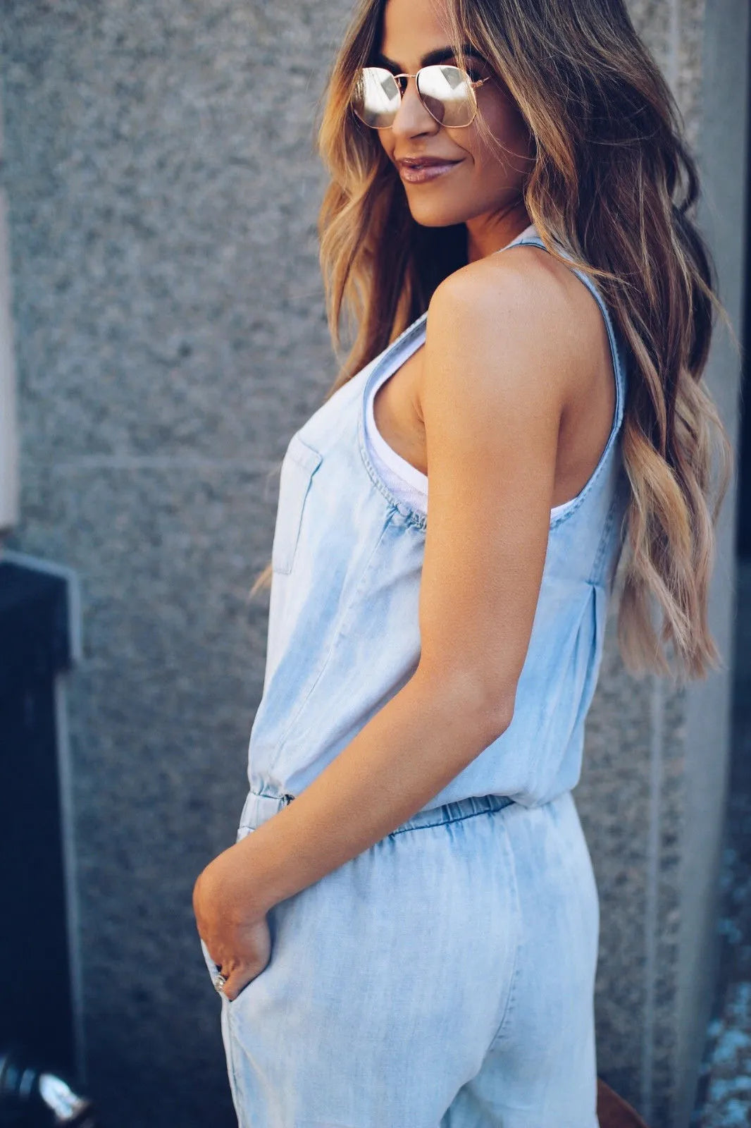Sleeveless Denim Jumpsuit - Washed Blue [ The Lily