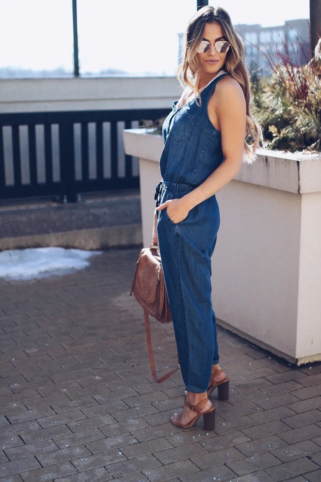 Sleeveless Denim Jumpsuit - Washed Blue [ The Lily