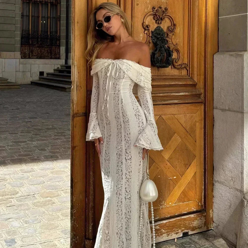 Lace Off-Shoulder Evening Gown - Long Sleeve Mermaid Maxi | Victoria